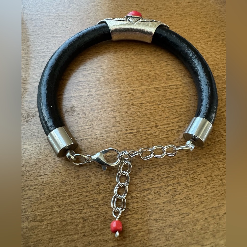 Handmade Black Leather Bracelet with Silver & Red Accent - Picture 4 of 4